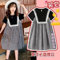 ราคา HOT ♤2021 สาวใหม่ชุดกระโปรงลายสก๊อตสีดำและสีขาวเด็กใหญ่เสื้อยืดเย็บแขนสั้นชุดลำลองเด็ก (11911777402)