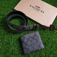 ราคา พร้อมส่งในไทย!!! ของแท้ นำเข้าจากอเมริกา จับคู่ เข็มขัด & กระเป๋าสตางค์ Coach ลาย C สีเทาดำ แบบมีไส้ (1523371550)