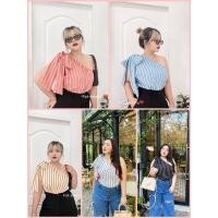ราคา เสื้อสาวอวบลายริ้วไหล่เฉียงเปิดไหล่ข้างเดียว ผูกโบว์ที่ไหล่ (18439066979)