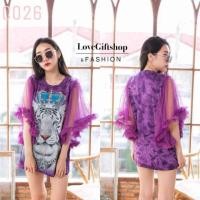 ราคา มินิเดรสลายน้องเสือใส่มงม่วง แต่งแขนฟรุ้งฟริ้ง (894245376)