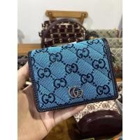 ราคา Gucci เงินสั้น มามอน ผ้าสีฟ้าขอบหนัง ช็อป 2 พับ 4.25” (14190905627)