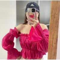 ราคา เสื้อปาดไหล่สีชมพูสด แขนพุ่มเจ้าหญิง (21895349498)