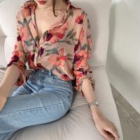 ราคา พร้อมส่งจากไทย เสื้อเชิ้ตลายดอก สีชมพู เสื้อเชิ้ตแขนยาว ผ้าชีฟอง เสื้อ เกาหลีแฟชั่นผู้หญิง (4452238301)