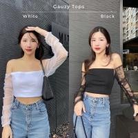 ราคา เสื้อปาดไหล่ ตกแต่งแขนผ้ามุ้ง สีดำ (23937668147)