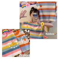 ราคา FKพร้อมส่ง เสื้อครอป ลายสายรุ้งพาสเทล อกปักรูปผลไม้ (5354894178)