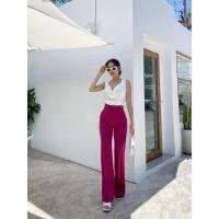 ราคา กางเกงขายาวเอวสูง 2 กระดุม ทรงขาม้า สีชมพูบานเย็น (19606888772)