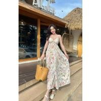ราคา ชุดไปทะเล ชุดเที่ยวคาเฟ่ เดรสยาวสายเดี่ยวผูกไหล่ลายดอกไม้สีขาว (20582635395)