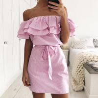 ราคา เดรสปาดไหล่ เดรสสีชมพู เดรสเปิดไหล่ (3820623859)