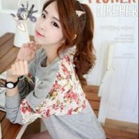 ราคา (พร้อมส่ง)เสื้อกันหนาว ผ้าcotton คอกลมตัดต่อลูกไม้ลายดอก สีเทา (L) (1334545170)