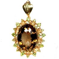 ราคา เข็มกลัดพลอยแท้ ควอตซ์ สีบรั่นดี 22 x 31 mm. ล้อม ซิทริน เพอริดอท เงินแท้ 925 ชุบทอง 18K (25701485583)