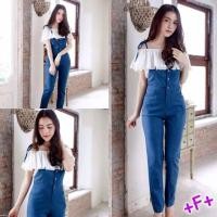 ราคา Sat 2 ชิ้น Setเอี๊ยมขายาวผ้ายีนส์+เสื้อเปิดไหล่ระบาย. (11740075)