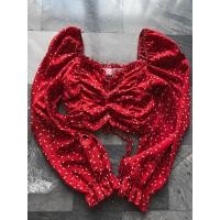 ราคา เสื้อครอป แขนพอง แขนจั๊ม สีแดงลายดอกไม้ (12509580166)