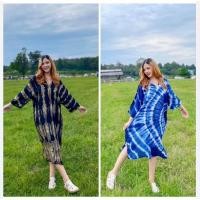 ราคา ชุดเดรสมัดย้อมสีครามคอวีต่อแขน ผ้านุ่มใส่สบาย (23145591364)