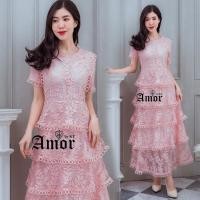 ราคา ส่งฟรีชุดเดรสลูกไม้สีชมพู แขนสั้น กระโปรงระบายป็นชั้นๆM (25811269440)