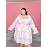 ราคา เดรสแขนยาว สีชมพูลายโบว์ กระโปรงระบายชั้นๆ ไซส์ใหญ่ อก50-62นิ้ว (ป10) (26213949445)