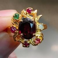 ราคา แหวนเงินแท้ชุบทอง ประดับทับทิมสยามและพลอยนพเก้า แบบ "สัตตบงกช" (24625671563)