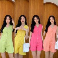 ราคา จั้มสูทคอวีขาสั้นแต่งกระดุมหน้าเนื้อผ้าลินินทรงน่ารักมาก☘️งานป้ายMaison (11511839489)