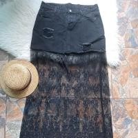 ราคา กระโปรงยีนส์ต่อชายระบายลูกไม้สีดำ (19863617442)