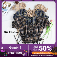 ราคา เสื้อแฟชั่น เสื้อครอปแขนตุ๊กตาลายสก็อต โบว์หน้า (12819882780)