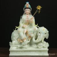 ราคา พระพุทธรูปแกะสลักหินอ่อนสีขาวหยกฝังทอง Samantabhadra พระโพธิสัตว์ Huayan Three Sages Manjushri Samantabhadra DYTO (28652772485)