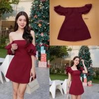 ราคา เดรสสีแดงเลือดหมูกระโปรงทรงเอ (22812724093)