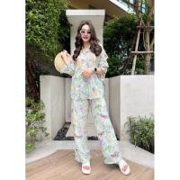 ราคา A673 ชุดเซตเสื้อ+กางเกงขายาว ผ้าไหมแก้ว สีเขียวอ่อนลายใบไม้ (27764260301)