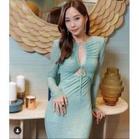 ราคา มินิเดรสแขนยาวเว้าเอว เดรสแขนยาวผูกกน้าเว้าเอว (23381314683)