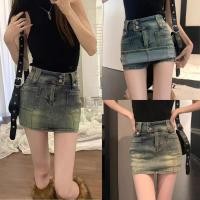 ราคา กระโปรงยีนส์สั้นมีกางเกงซับใน SIZE S-5XL สีสนิมเอวสูงผ้ายีนส์ยืดใส่สบาย (29863592545)