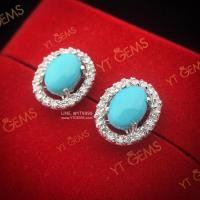 ราคา ❤️ ต่างหูเทอร์ควอยส์ ล้อมเพชร ต่างหูเงินแท้ ชุบทองคำขาว เทอร์ควอยส์แท้ YTG-11668 (20416157309)
