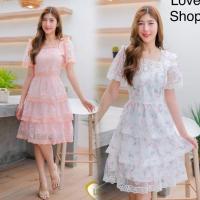 ราคา เดรสสั้นสีขาวปักดอกไม้!!! M-4XL Mini Dress เดรสสีชมพูโอรสผ้าปักดอกไม้กระโปรงระบายชั้นๆ งานป้าย Love love (25937164027)