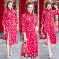 ราคา เดรสคอจีน กุ๊นขอบ แขนสามส่วน ผ่าหน้าสูง เดรสตรุษจีน #yunaka (12697862160)