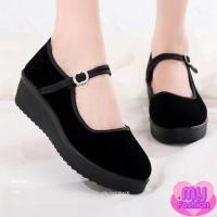 ราคา รองเท้าคัชชูส้นตึกสูง 1 นิ้วครึ่ง ผ้ากำมะหยี่ สีดำล้วนส้นแต่งลายดอกไม้ 7 ไซส์ (29674980520)