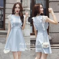 ราคา เข้าเพิ่ม เดรสสั้น สีฟ้าอ่อนอมเทา แขนระบายแต่งลูกไม้สีขาว AN005 (3905968745)