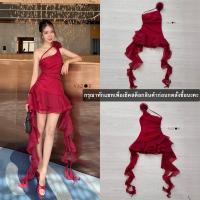 ราคา งานป้าย Vigor เดรสออกงานสีแดง เดรสไหล่เบี่ยงแต่งสร้อยคอดอกไม้ กระโปรงแต่งระบายพริ้วสวยหรู (23090565580)
