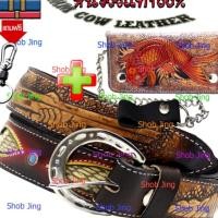 ราคา เข็มขัดหนังวัวเย็บขอบ+กระเป๋าสตางค์หนังแท้แถมพวงกุญแจ+โซ่กระเป๋าหนังวัวแท้ ตอกลายทั้งเส้นติดคล้อยสีฟ้าสอดหนังงู งานตอก (12504265990)