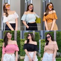 ราคา fabricsp เสื้อครอปปาดไหล่ เสื้อปาดไหล่ดีเทลแต่งสม็อค เสื้อปาดไหล่แขนสั้น น่ารักมากกก (17977414255)