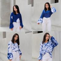 ราคา (ย้อมเย็น 100%) เสื้อคอวีแขนยาว มัดย้อมคราม ผ่านการฟิกสี สีสดไม่ซีด (7523124574)