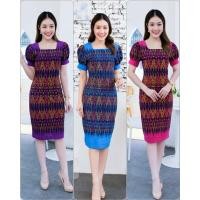 ราคา ชุดผ้าไทยเดรสทำงานเดรสผ้าฝ้ายหมักโคลนสีฟ้า (16775729681)