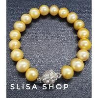 ราคา สร้อยข้อมือไข่มุกเเท้100%(Real Pearl)สีเหลืองทอง ตะขอเเม่เหล็กฝักเพชรสวิส (7158673855)