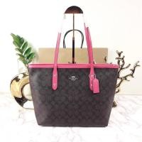 ราคา COACH CITY ZIP TOTE IN SIGNATURE COATED CANVAS (COACH F58292) COLOR : BROWN/STRAWBERRY/IMITATION GOLD (10505452531)