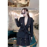 ราคา ชุดสูททำงาน CEO หรูหรา Pachara ชุด Set เสื้อสูทแขนยาวสีดำ กระดุมโรมันสีทอง+กระโปรงเอวสูงทรงเข้ารูป+สายเข็มขัด (25267858734)