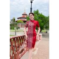 ราคา เดรสผ้าฝ้ายทอลายทรงคอจีน ผสมสีสวยแต่งผ้าไหมแพรทิพย์ (24961093293)