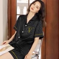 ราคา ลายจุดพิมพ์แขนสั้นกางเกงขาสั้นปกคาร์ดิแกนบ้านแจ็คเก็ตขอบสีเหลืองปักชุดนอนชุด (28927971550)
