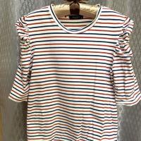 ราคา ส่งต่อเสื้อยืด สีขาวลายทางขวาง น้ำเงินแดง แขนสามส่วน จับจีบกระปุก (2021508375)