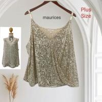 ราคา เสื้อปักเลื่อมสายเดี่ยว คอวีป้าย เนื้อผ้าตาข่ายยืดสีครีม เลื่อมเงินวาว Plus Size (อก 52") : used (28922453258)