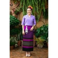 ราคา เสื้อผ้าฝ้ายพื้มเมือง รุ่นชุดดอกฝ้ายอัดกาวม่วง+ผ้าถุงอัดกาวยกดอกม่วงCC219 (25112102557)