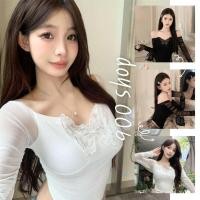 ราคา 900Shopเสื้อแขนยาวปาดไหล่ แขนซีทรู อกแต่งผีเสื้อ ทรงเข้ารูป 2 สี (26209011319)