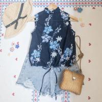 ราคา เสื้อแขนกุดสีกรมท่า ลายดอก คอปีนระบาย เอวรูดผูกได้AIIZ (8113817819)