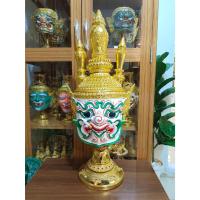 ราคา หัวโขน ตรีเศียร ขนาดสวมหัว (กระดาษ) งานสวย แข็งแรง ปิดทองเค ประดับเพชร ฟรีฐานไม้อัดสีแดง ของแต่งบ้าน ของขวัญ ของที่ระลึก (23932893454)