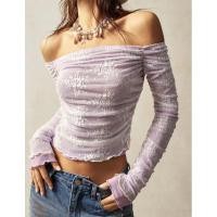 ราคา Bohemela Boho Solid Color Knit Lace Fabric Off Shoulder Long Sleeve Slim Cropped Women Top (26485156535)